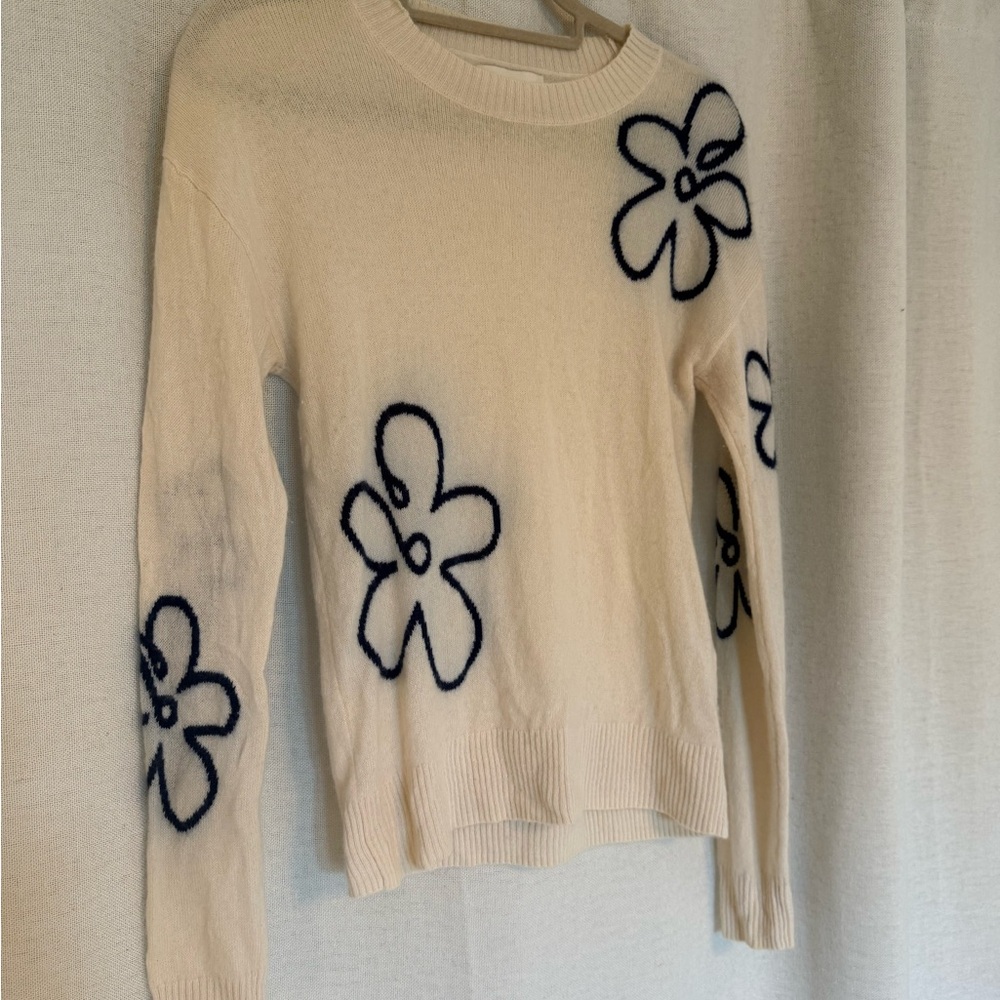 Cynthia Rowley Cashmere Cream Sweater with Blue Floral Design